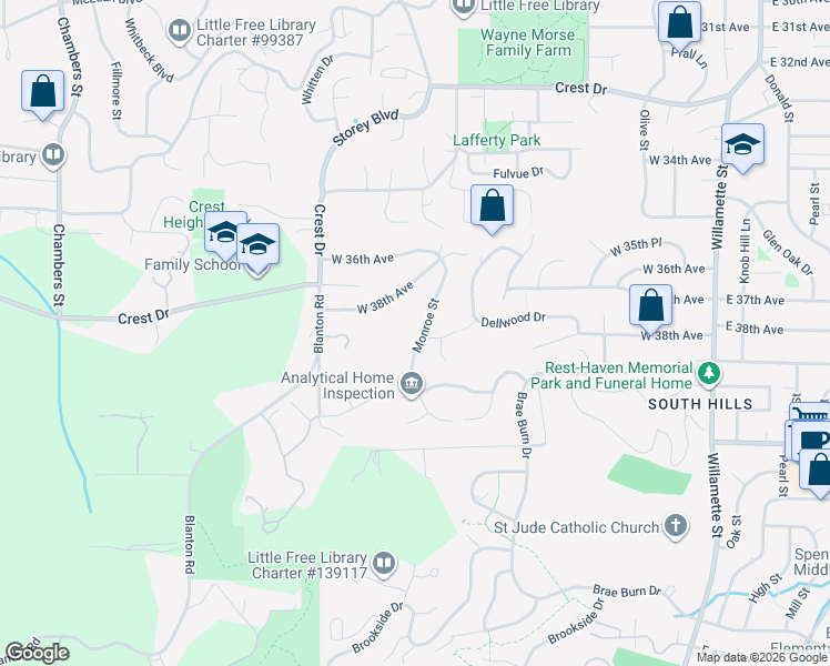 map of restaurants, bars, coffee shops, grocery stores, and more near 3833 Monroe Street in Eugene