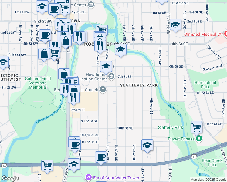 map of restaurants, bars, coffee shops, grocery stores, and more near 816 4th Avenue Southeast in Rochester