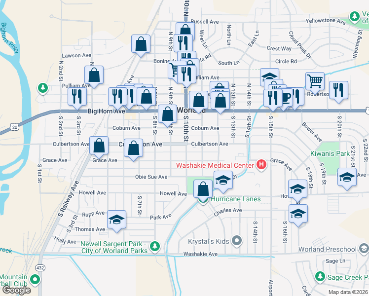 map of restaurants, bars, coffee shops, grocery stores, and more near 908 Culbertson Avenue in Worland