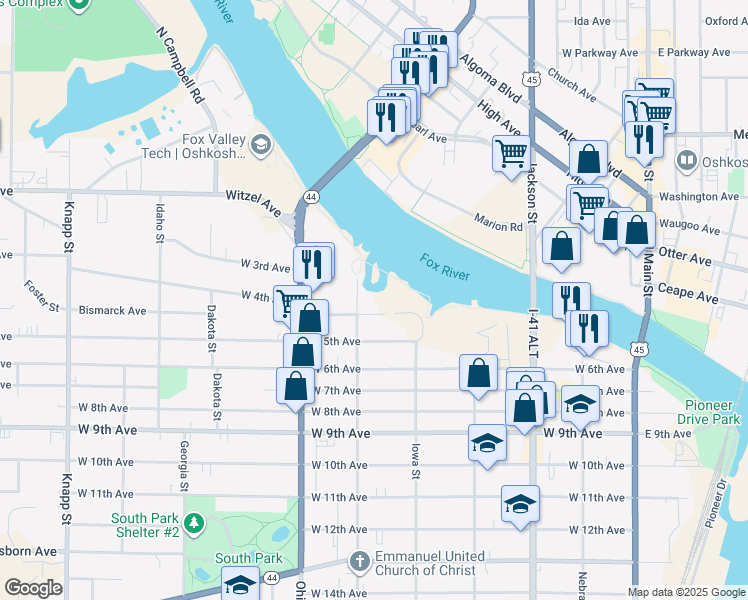 map of restaurants, bars, coffee shops, grocery stores, and more near 362 Michigan Street in Oshkosh