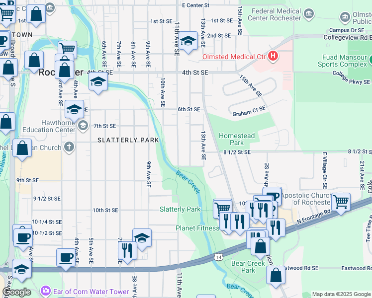 map of restaurants, bars, coffee shops, grocery stores, and more near 813 12th Avenue Southeast in Rochester