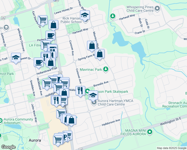 map of restaurants, bars, coffee shops, grocery stores, and more near 59 Marshview Avenue in Aurora