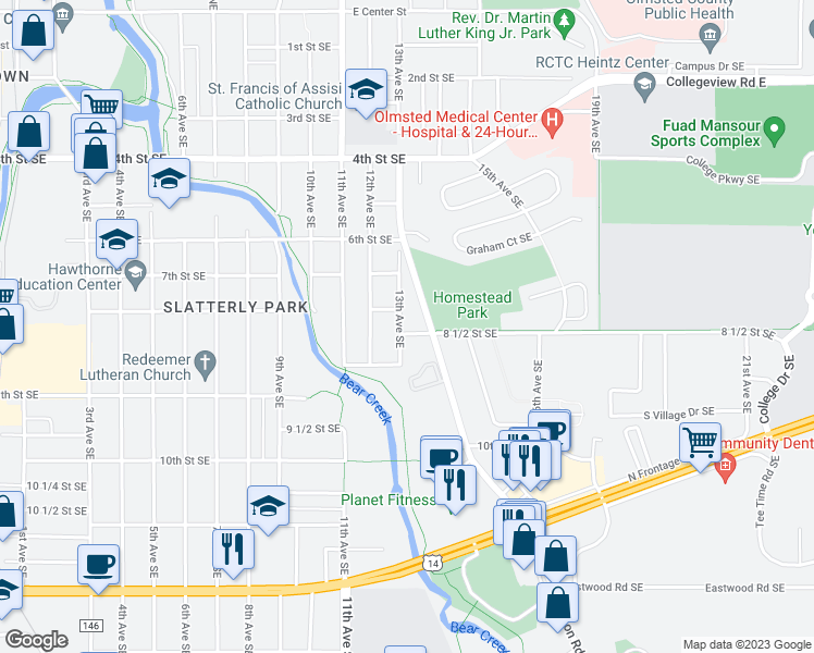 map of restaurants, bars, coffee shops, grocery stores, and more near 1303 8 1/2 Street Southeast in Rochester