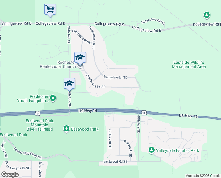 map of restaurants, bars, coffee shops, grocery stores, and more near 3806 Strathmore Lane Southeast in Rochester