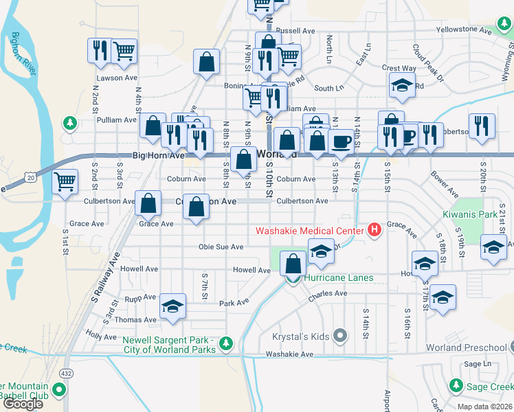 map of restaurants, bars, coffee shops, grocery stores, and more near 908 Culbertson Avenue in Worland