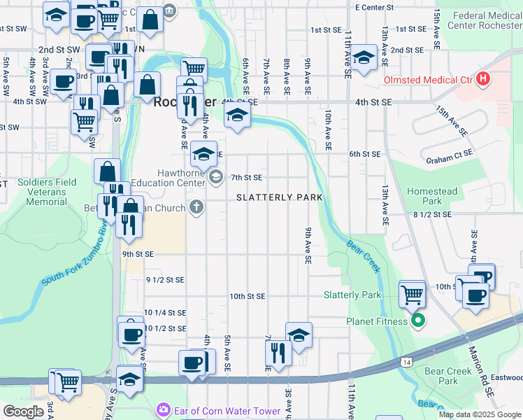 map of restaurants, bars, coffee shops, grocery stores, and more near 811 7th Ave SE in Rochester