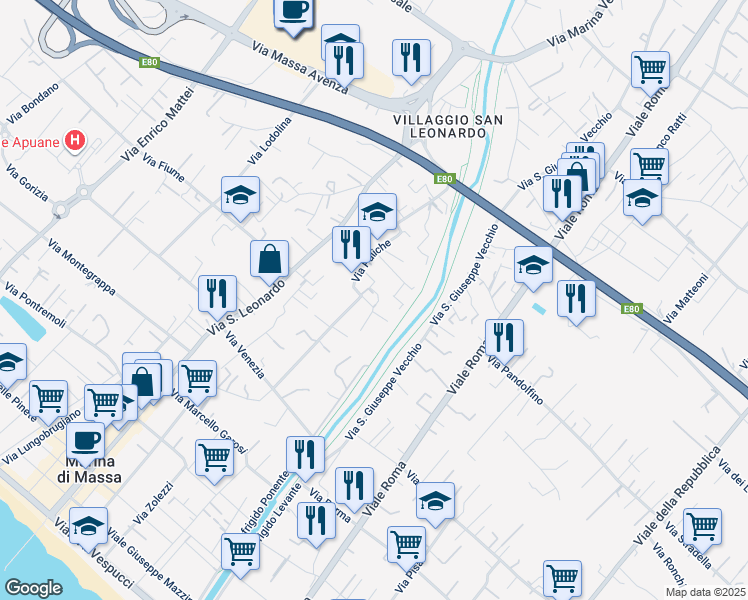 map of restaurants, bars, coffee shops, grocery stores, and more near 239 Via Puliche in Marina di Massa