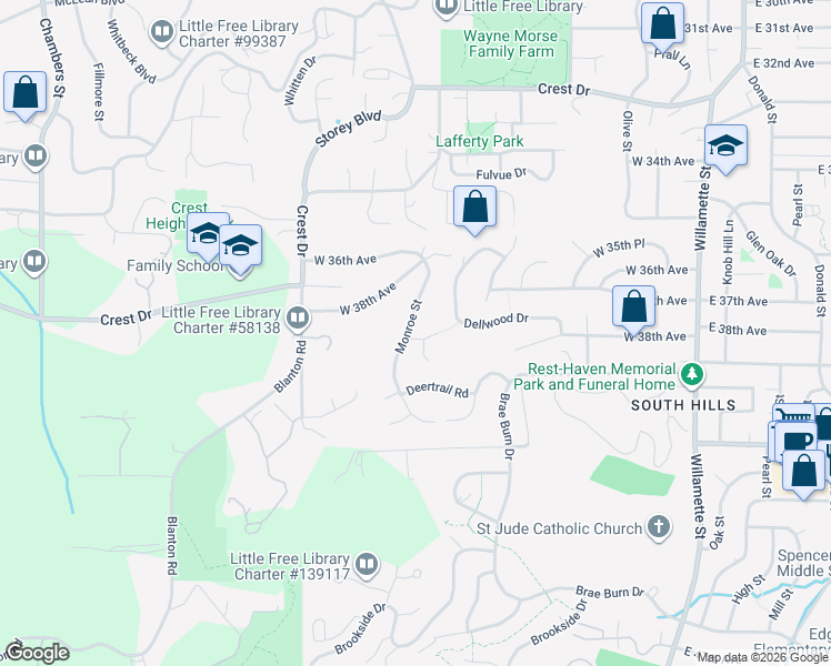 map of restaurants, bars, coffee shops, grocery stores, and more near 3833 Monroe Street in Eugene
