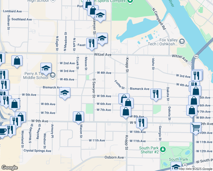 map of restaurants, bars, coffee shops, grocery stores, and more near 353 Guenther Street in Oshkosh