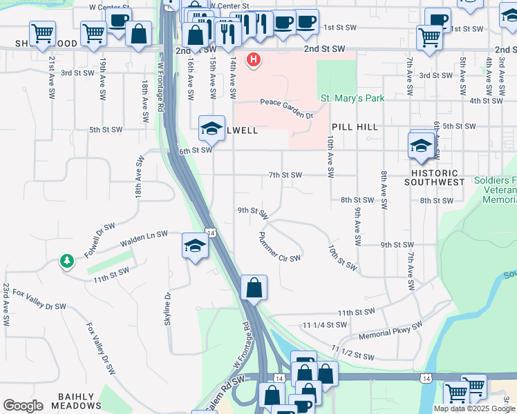 map of restaurants, bars, coffee shops, grocery stores, and more near 1305 9th Street Southwest in Rochester