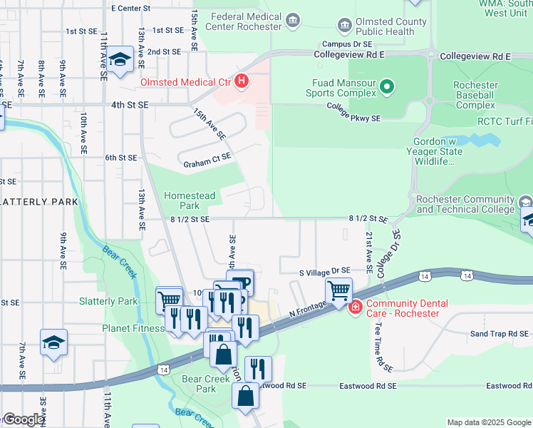 map of restaurants, bars, coffee shops, grocery stores, and more near 760 Neville Court Southeast in Rochester