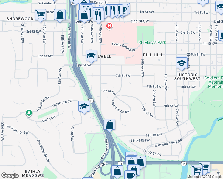 map of restaurants, bars, coffee shops, grocery stores, and more near 1305 9th Street Southwest in Rochester