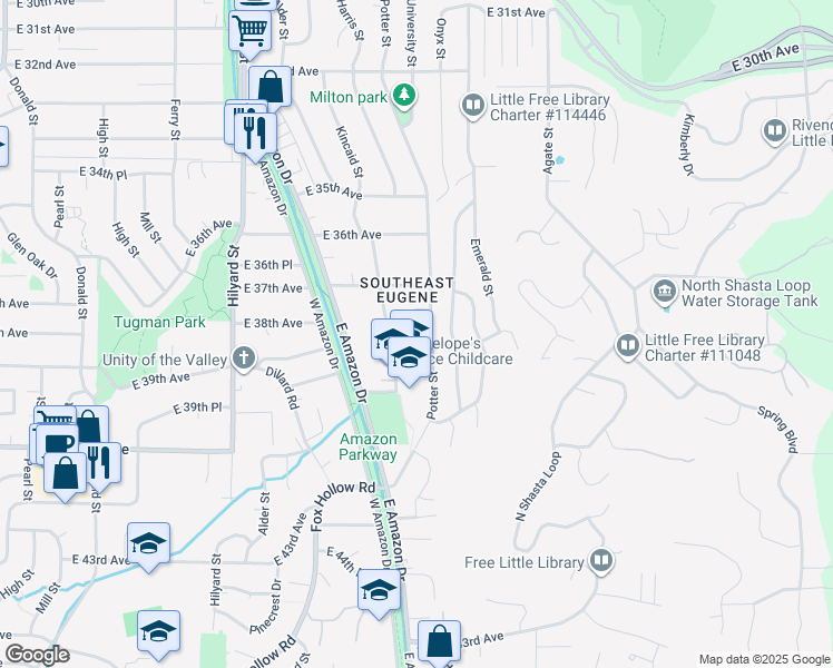 map of restaurants, bars, coffee shops, grocery stores, and more near 3788 Potter Street in Eugene