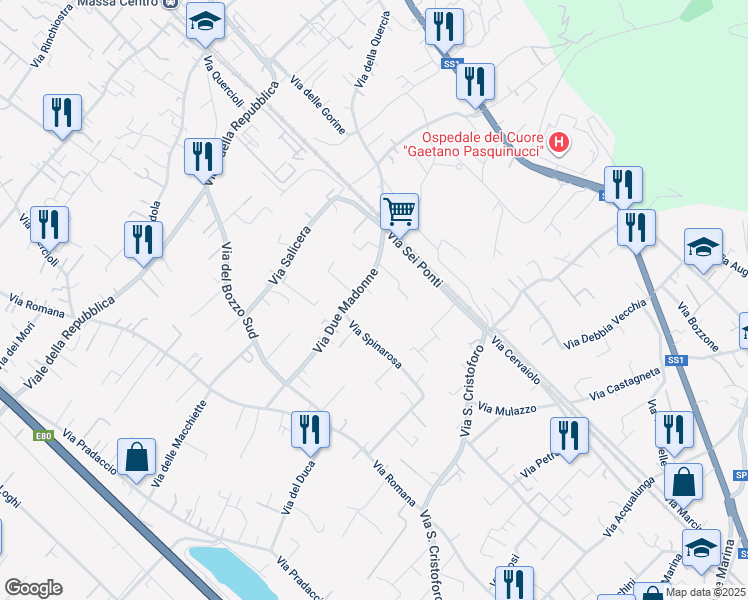 map of restaurants, bars, coffee shops, grocery stores, and more near 29 Via Due Madonne in Massa