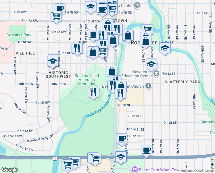map of restaurants, bars, coffee shops, grocery stores, and more near 1620 1st Avenue Southwest in Rochester