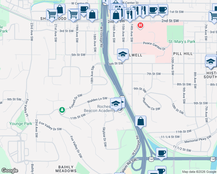 map of restaurants, bars, coffee shops, grocery stores, and more near 1724 8th Street Southwest in Rochester