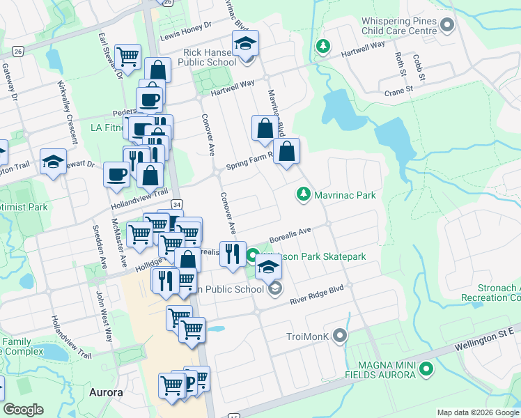 map of restaurants, bars, coffee shops, grocery stores, and more near Marshview Avenue in Aurora