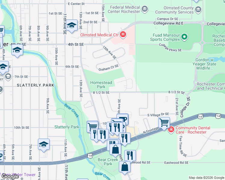 map of restaurants, bars, coffee shops, grocery stores, and more near 1567 8 1/2 Street Southeast in Rochester