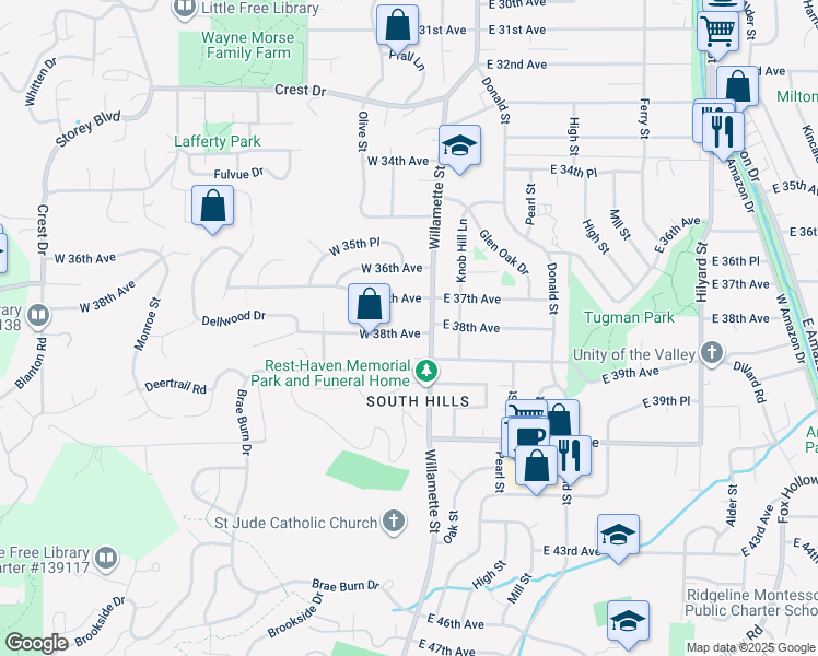 map of restaurants, bars, coffee shops, grocery stores, and more near 5 West 38th Avenue in Eugene