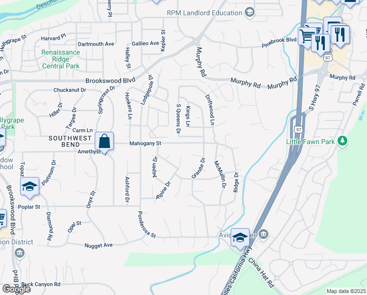 map of restaurants, bars, coffee shops, grocery stores, and more near 19889 Mahogany Street in Bend