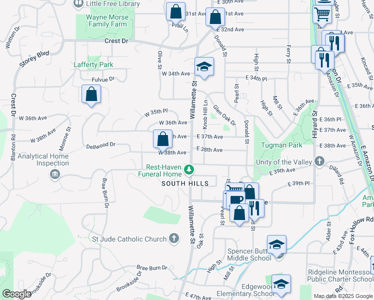 map of restaurants, bars, coffee shops, grocery stores, and more near 5 West 38th Avenue in Eugene
