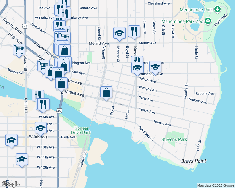 map of restaurants, bars, coffee shops, grocery stores, and more near 128 Bay Street in Oshkosh
