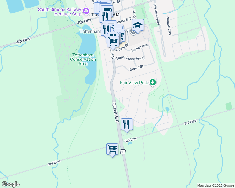 map of restaurants, bars, coffee shops, grocery stores, and more near 3 Pridham Place in New Tecumseth