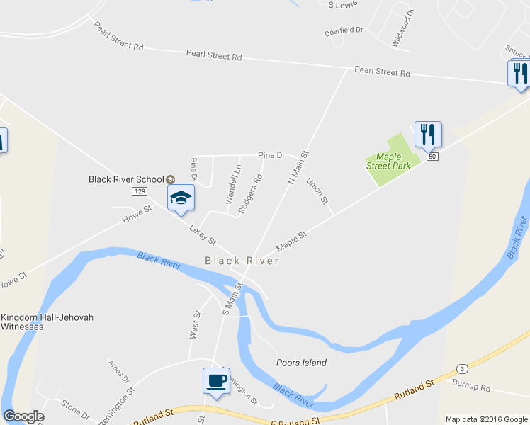 map of restaurants, bars, coffee shops, grocery stores, and more near 145 North Main Street in Black River