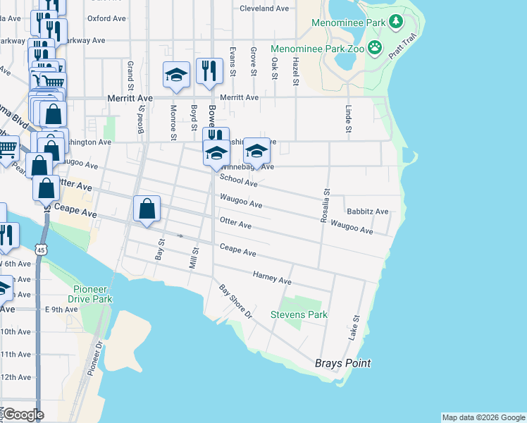 map of restaurants, bars, coffee shops, grocery stores, and more near 1025 Waugoo Avenue in Oshkosh