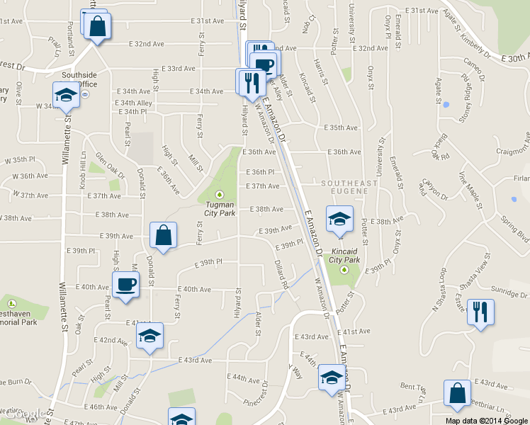 map of restaurants, bars, coffee shops, grocery stores, and more near 780 East 38th Avenue in Eugene