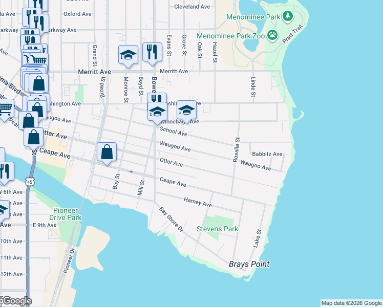 map of restaurants, bars, coffee shops, grocery stores, and more near 1025 Waugoo Avenue in Oshkosh