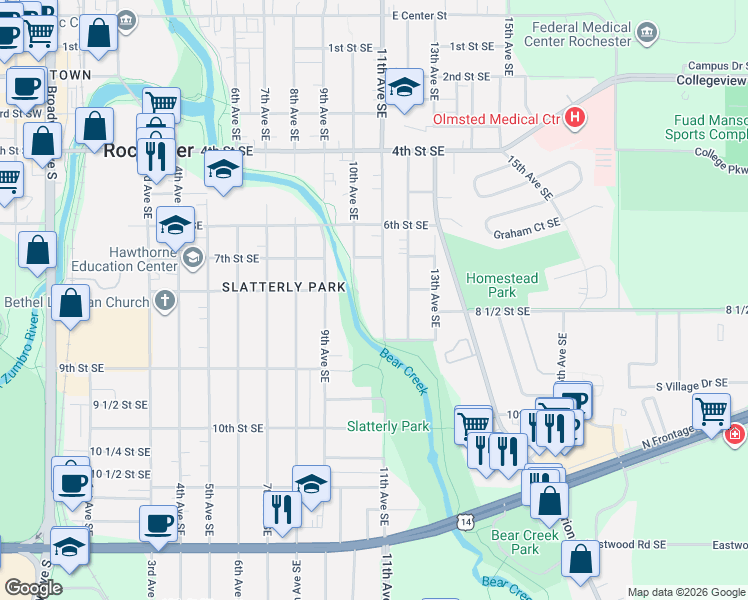 map of restaurants, bars, coffee shops, grocery stores, and more near 818 10th Avenue Southeast in Rochester