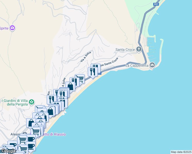 map of restaurants, bars, coffee shops, grocery stores, and more near 68 Passeggiata Cadorna in Alassio