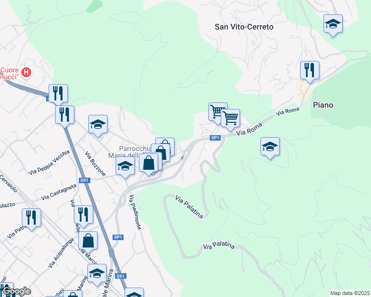 map of restaurants, bars, coffee shops, grocery stores, and more near Strada Provinciale 1 in Capanne-Prato-Cinquale