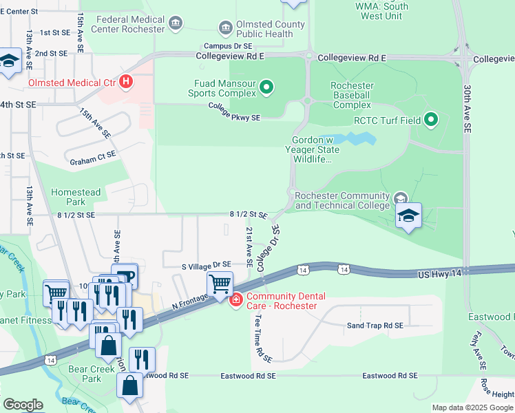 map of restaurants, bars, coffee shops, grocery stores, and more near 826 21st Avenue Southeast in Rochester