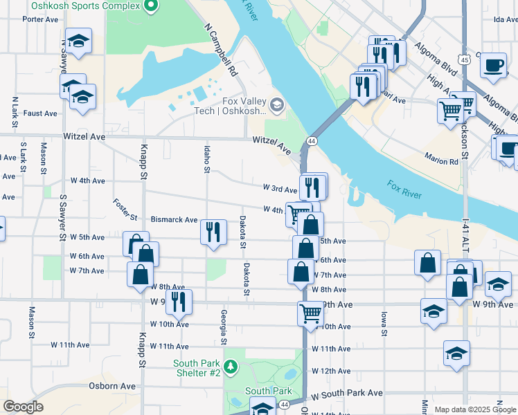 map of restaurants, bars, coffee shops, grocery stores, and more near 672 West 4th Avenue in Oshkosh