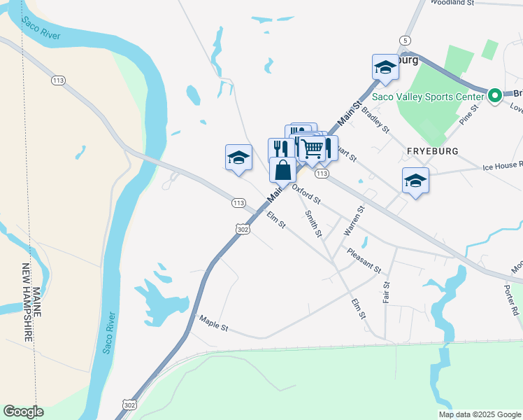 map of restaurants, bars, coffee shops, grocery stores, and more near 90 Main Street in Fryeburg