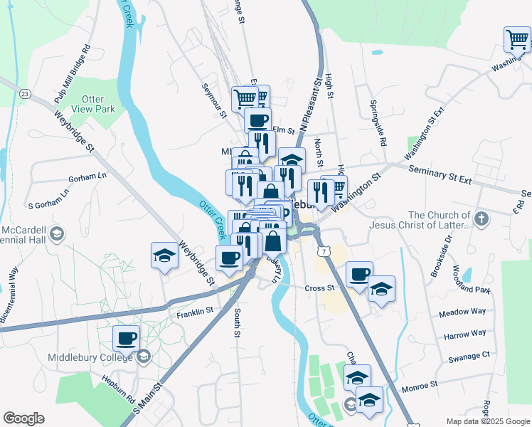 map of restaurants, bars, coffee shops, grocery stores, and more near 228 Maple Street in Middlebury