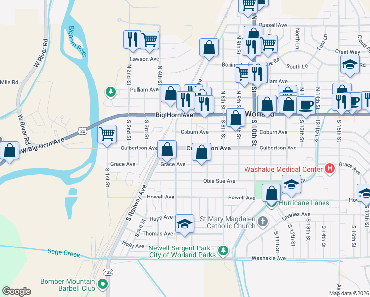 map of restaurants, bars, coffee shops, grocery stores, and more near 520 Culbertson Avenue in Worland