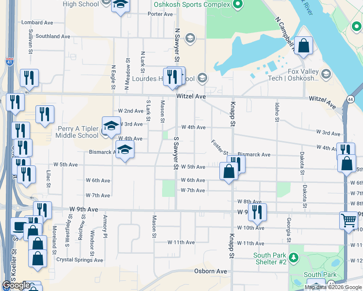 map of restaurants, bars, coffee shops, grocery stores, and more near 1208 Bismarck Avenue in Oshkosh