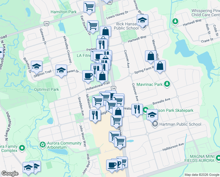 map of restaurants, bars, coffee shops, grocery stores, and more near 103 Baywell Crescent in Aurora