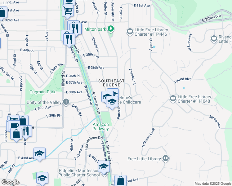 map of restaurants, bars, coffee shops, grocery stores, and more near 3788 Potter Street in Eugene