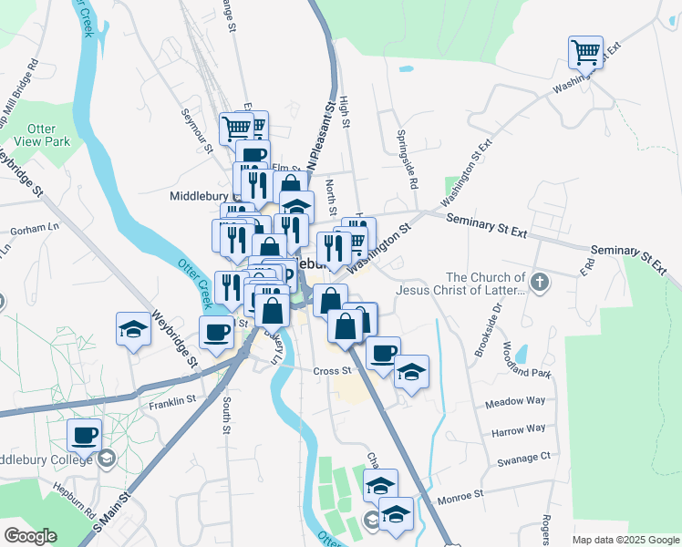 map of restaurants, bars, coffee shops, grocery stores, and more near 10 Court Square in Middlebury