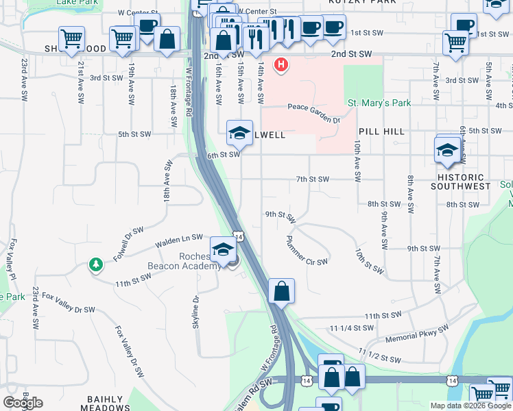 map of restaurants, bars, coffee shops, grocery stores, and more near 807 14th Avenue Southwest in Rochester