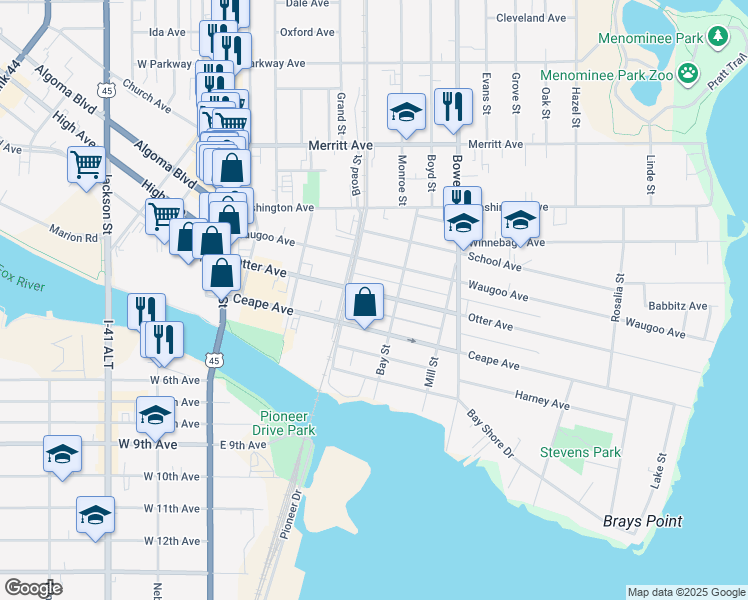 map of restaurants, bars, coffee shops, grocery stores, and more near 524 Ceape Avenue in Oshkosh