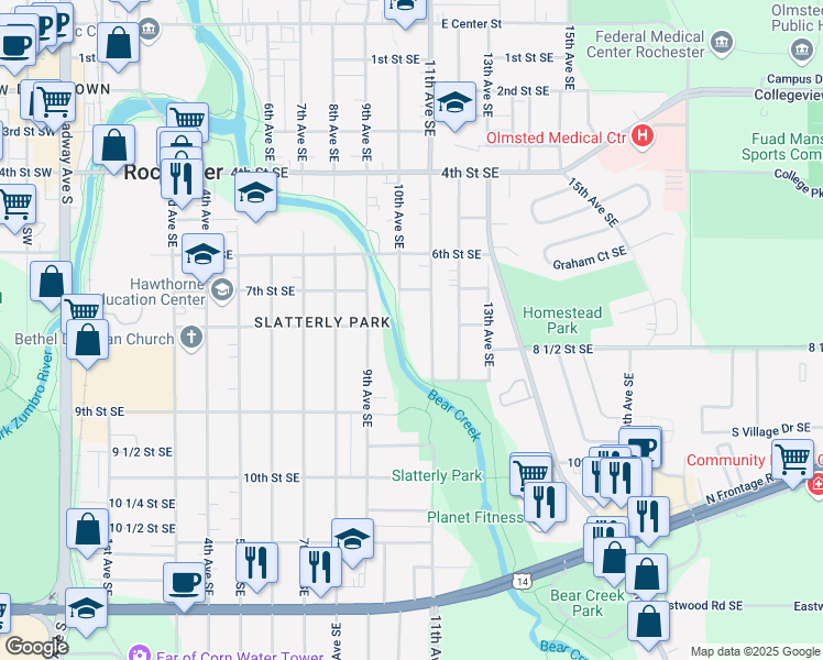 map of restaurants, bars, coffee shops, grocery stores, and more near 804 10th Avenue Southeast in Rochester