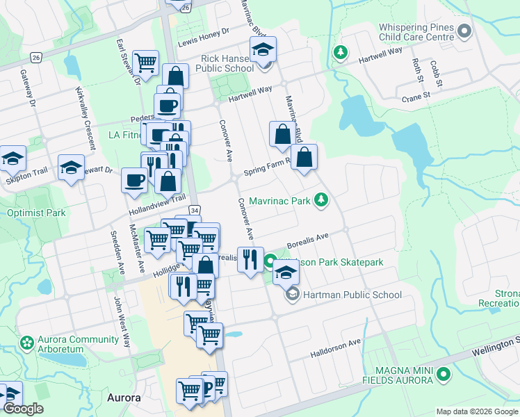map of restaurants, bars, coffee shops, grocery stores, and more near 21 Brooks Avenue in Aurora