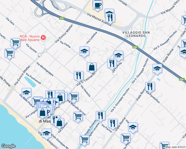 map of restaurants, bars, coffee shops, grocery stores, and more near 243 Via San Leonardo in Marina di Massa