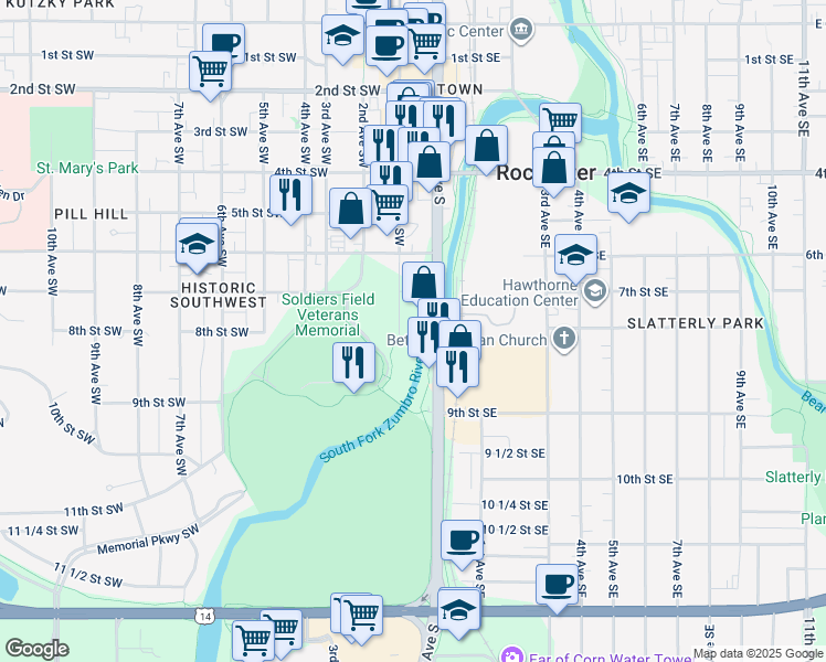 map of restaurants, bars, coffee shops, grocery stores, and more near 1620 1st Avenue Southwest in Rochester