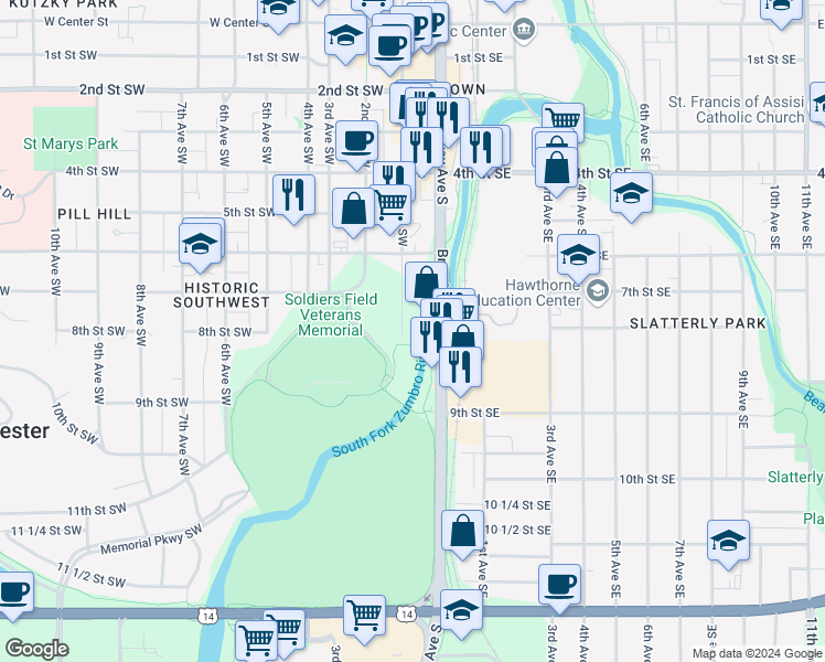 map of restaurants, bars, coffee shops, grocery stores, and more near 1620 1st Avenue Southwest in Rochester